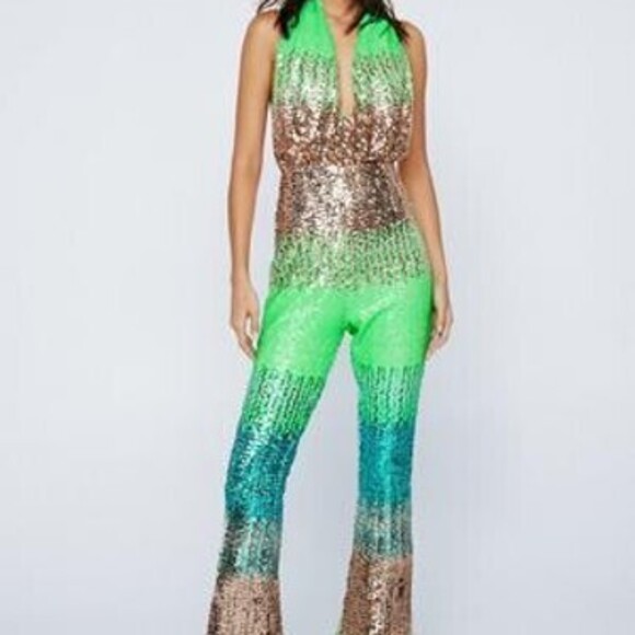 Nasty Gal Pants - Ombre Sequin Halter Neck Flared Jumpsuit